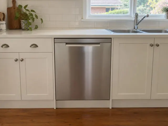Built-in stainless dishwasher under a white kitchen benchtop beside a double sink and tiled splashback in Jesmond