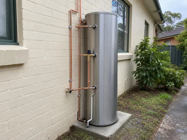 Tall stainless hot water cylinder beside a cream brick wall with copper pipework in Jesmond